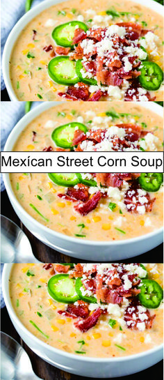 three pictures of mexican street corn soup with jalapenos and cheese on top