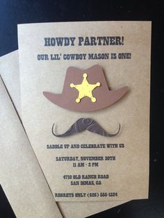 this is a birthday card with a mustache and hat on it, which reads howdy partner our lil'cowboy mason is one