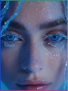 Channel your inner ice princess! ❄️ Ethereal blue light illuminates frosted lashes and brows. Fractal ice crystals and aurora reflections create a magical winter look. #FrostedBeauty #WinterMakeup #IceQueen Frost Makeup Ice Queen, Ice Princess Photoshoot, Frost Makeup Look, Blue Ice Aesthetic, Ice Makeup Looks, Winter Makeup Looks Ice Queen, Ice Queen Photoshoot, Ice Princess Aesthetic, Icy Makeup Looks