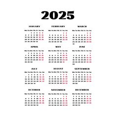 a calendar for the new year is shown in black and white, with red numbers