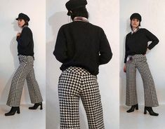 "Vintage '60s black 'n' white houndstooth tweed trousers. Thicker/heavier-weight woven wool. Low rise with side zipper. Flared bell bottom legs. Zips and buttons at side. Fully lined. DETAILS-----> Era: '60s Fabric: wool MEASUREMENTS-----> Tag: n/a - no size marked - should fit a size small - medium Waist: 13\" - snug 13.5\" Rise: 9\" Hips: 18.5\" Inseam: 28.5\" Total Length: 37\" Leg Opening: 11.25\" CONDITION-----> In excellent vintage condition. No flaws to note. *Model is a size xs/ Black And White Houndstooth Pants Outfit, Houndstooth Trousers Outfit, Black And White Trousers Outfit, Retro Style Winter Workwear Pants, Chic White Houndstooth Bottoms, Plaid Pants Outfit Work, Houndstooth Pants Outfit, Fitted Black Houndstooth Bottoms, Classic Houndstooth Pattern Bottoms