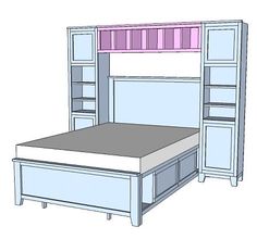 a drawing of a bed with two shelves above it and a mattress on the bottom