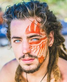 Warpaint. I didn't know where to pin this. Perhaps I should make a board of men I would like to fondle. Apocalyptic Makeup, Dreadlock Men, Fairy Locks, Painted Face, Face Tattoos, Face Tattoo, Festival Looks, Face Art, Larp