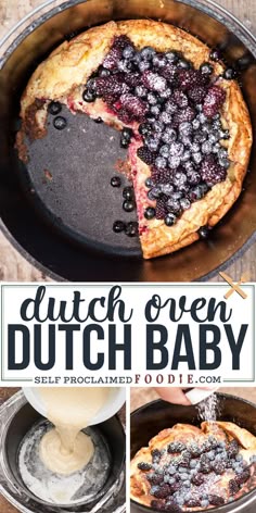 dutch oven dutch baby with blueberries in it and the title overlay reads dutch oven dutch baby