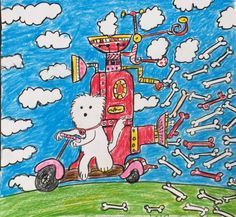 a drawing of a dog on a scooter with bones in the sky behind it