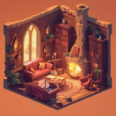 a low poly model of a living room with fireplace and bookshelves in it