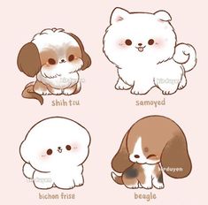 four different types of dogs with the names in english and japanese on each dog's face