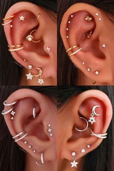 three pictures of the same ear with different piercings on it, and one is for sale