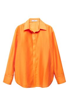 This polished workday shirt is crafted in a vivid hue for after-hours potential. Front button closure Spread collar Long sleeves with button cuffs 84% lyocell, 16% polyester Machine wash, line dry Imported Orange Fits, 80s Women, Orange Blouse, Fashion Capsule, Orange Shirt, Button Shirt, Shirt Pattern, Oversized Shirt, Travel Size Products