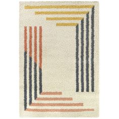 a white rug with multi colored stripes on it