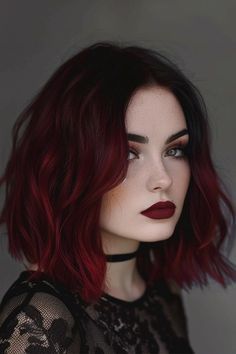 Deep Red Black Hair, Smokey Red Hair, Fun Hair Color Ideas For Brunettes Red, Red Hairstyles With Bangs, Unique Red Hair Color Ideas, Hiar Stail 2024, Black And Red Hair Dye, 2024 Haircolors, Dark Red Hair Bob