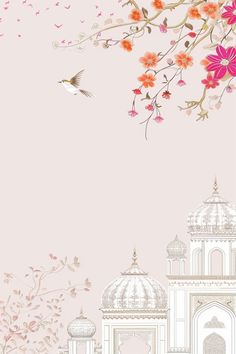 a pink background with flowers and birds flying over the building in the foreground is an ornate archway