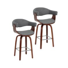 pair of mid - century modern bar stools in grey upholstered fabric and walnut wood