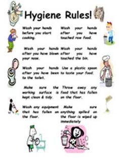 an image of hygiene rules written in cartoon style with images of people around the house