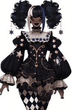 a woman dressed in black and white with stars on her head, wearing an elaborate dress