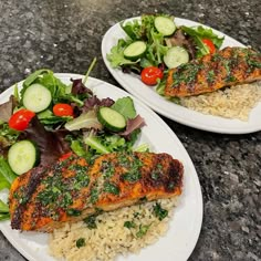 two white plates topped with meat and rice covered in veggies next to each other