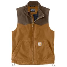 Stay comfortable on the job or off the clock. This insulated men's western vest will keep you warm all day long. Plenty of pockets secure and organize essentials. A relaxed fit and extra stretch let you move without restriction. Features12-ounce, 99% cotton / 1% spandex duckCorduroy-lined collar; Quilted nylon body lining for easy on and off; Insulated for warmthBuilt to move with Rugged Flex® stretch technologyRelaxed fitFront handwarmer pocketMock-neck collarAdjustable hemTwo lower front pocke Brown Utility Vest For Fall, Brown Vest Outerwear For Outdoor Activities, Brown Outdoor Vest With Pockets, Brown Cotton Vest For Outdoor Use, Brown Cotton Vest For Outdoor Activities, Brown Cotton Vest For Outdoor, Rugged Brown Vest With Pockets, Brown Rugged Vest With Pockets, Mens Carhartt Vest