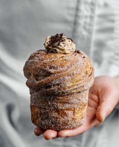 a person holding a pastry in their hand with powdered sugar and chocolate on top