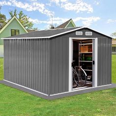 a small shed with a bicycle in it