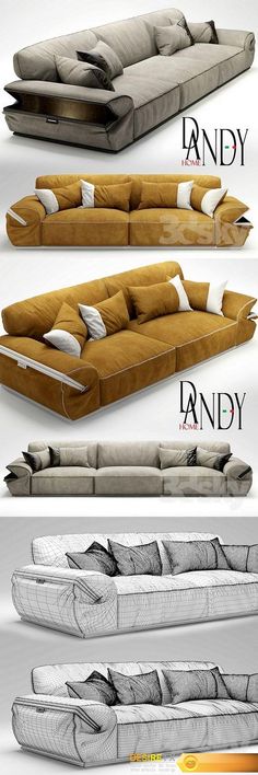 three different types of couches with pillows on them and the names below each one