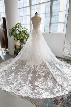 a white wedding dress on display in front of a large window with potted plants