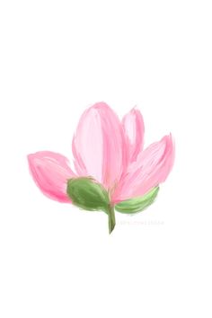 a painting of a pink flower with green leaves