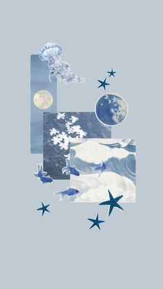 an abstract collage with blue stars and moon in the sky, on a gray background