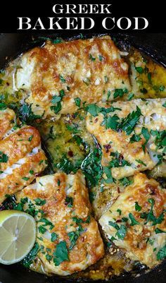 chicken with lemon and parsley in a cast iron skillet