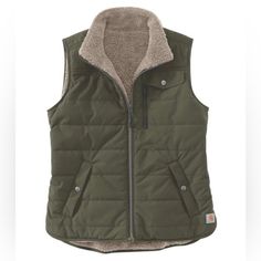 Nwt Size Large Basil (Green) Get Two Looks In One With Carhartt's Utility Vest, Featuring Durable, Water-Repellent Rain Defender Nylon On One Side And Cozy Sherpa Fleece On The Other. Carhartt Jacket Women's, Shuffles Cutouts, Carhartt Vest, Carhartt Jackets, Utility Vest, Carhartt Womens, Hoodie Vest, Winter Vest, Carhartt Women