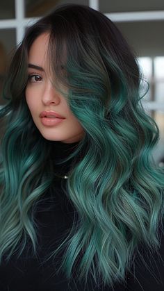 Short Hair, Blue Highlights: A Perfect Match Emerald Green Hair Balayage, Green Money Piece Hair, Green Ombre Hair, Haircuts For Girls, Hair Aesthetics, Best Ombre Hair, Dark Green Hair, Funky Makeup, Hair Color Unique