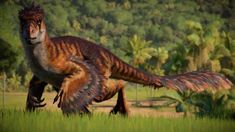 an artist's rendering of a dinosaur running through the grass