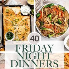 the cover of 40 friday night dinners is shown with images of different dishes and drinks