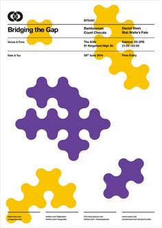 the poster for bridging the gap, which features puzzle pieces in purple and yellow