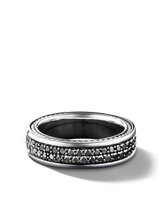 a silver ring with black diamonds on the inside and outside, set in 18k white gold