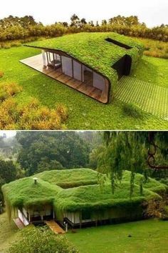 an unusual house made out of grass in the middle of two pictures, one is green and