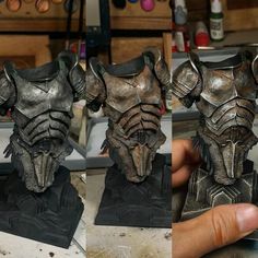 two pictures of the same statue being made