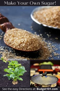 the ingredients to make your own sugar are shown in three different pictures, including spoons and