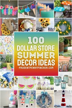 the words 100 dollar store summer decor ideas are shown in many different colors and sizes