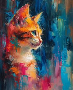 a painting of a cat on a colorful background