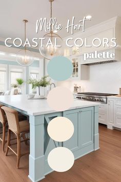 an image of a kitchen with blue and white colors on the counter top, and wood floors