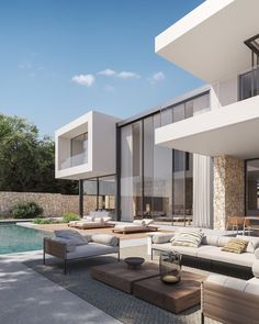 an artist's rendering of a modern house with pool and outdoor seating area in the foreground