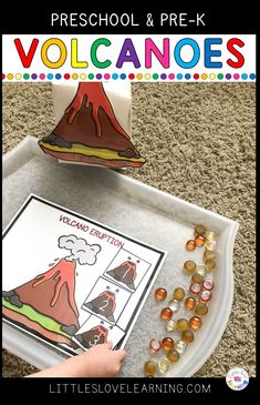 a volcano activity for preschool and homeschool with free printables on the tray