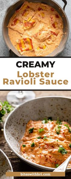 creamy lobster ravioli sauce in a skillet with the title above it that reads creamy lobster ravioli sauce