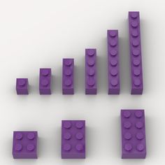 purple legos are arranged in rows on a white surface, with the top half showing