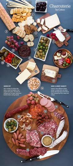 a table full of different types of food and cheeses on top of each other