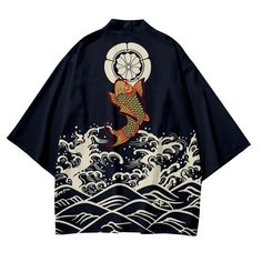 Check out this amazing 🈹 Koi Fish Navy Haori 🈹 Shop & Grab 15% off with code 🎁 JPIN 🎁 Women Samurai, Long Kimono Cardigan, Gilet Kimono, Lucky Fish, Island Outfit, Long Kimono, Print Kimonos, Cardigan Women