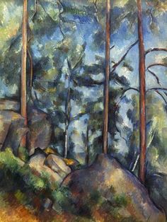 a painting of trees and rocks in the woods