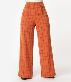 Unique Vintage Plus Size 1940s Orange Windowpane High Waist Ginger Pan Pantalon Orange, 1940s Vintage Dresses, Vintage Brand Clothing, Luanna Perez, Uv Clothing, 70s Inspired Fashion, 70s Outfits, Orange Outfit, Sailor Fashion