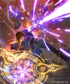 two anime characters standing next to each other in front of purple and yellow light streaks