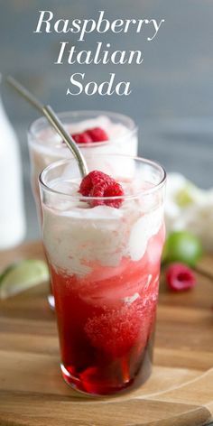 raspberry italian soda with whipped cream and fresh raspberries